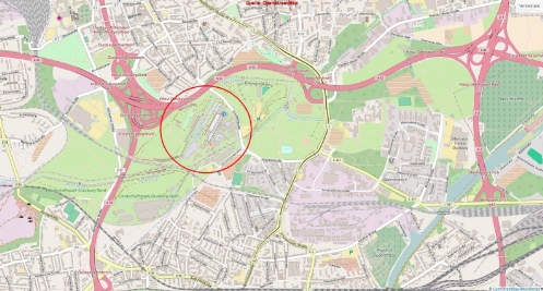 Die Umgebungskarte des Landschaftspark Nord mit Autobahnabfahrten.